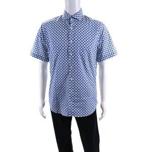 Brax Feel Good Mens Hardy P Short Sleeve Geometric Shirt Blue White Medium